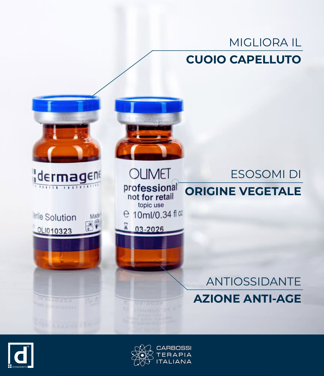 ✨OLIMET – Complesso di esosomi e minerali per la rivitalizzazione di pelle e capelli
OLIMET è un cocktail mesoterapico altamente efficace che combina esosomi vegetali con minerali essenziali (zinco, rame, manganese, selenio), con un effetto mirato sull'ossigenazione dei tessuti, sulla protezione antiossidante e sulla rigenerazione della comunicazione cellulare.
🌿 Esosomi vegetali (metodo Exosomaax)
◽️ Trasmettono segnali rigenerativi e antinfiammatori
◽️ Stimolano la sintesi del collagene e ripristinano la matrice extracellulare danneggiata
◽️ Migliorano il tono, la consistenza e l'idratazione della pelle
◽️ Supportano la comunicazione cellulare e l'omeostasi
🧪 Complesso minerale:
◽️ Zinco: supporta la crescita cellulare e la resistenza immunitaria
◽️ Rame: coinvolto nella sintesi di collagene e melanina
◽️ Manganese e Selenio: proteggono dallo stress ossidativo, stimolano le funzioni enzimatiche
✨ Indicazioni cutanee:
▫️ Invecchiamento cronico e fotoinvecchiato
▫️ Pelle disidratata, atonica e rilassata
▫️ Colorito e consistenza irregolari
▫️ Dermatite seborroica e alterazioni infiammatorie
▫️ Rughe, linee sottili, Perdita di tono
▫️Ossigenazione e rivitalizzazione
✨Indicazioni per capelli:
▫️Alopecia, forfora, seborrea
▫️Stimolazione della crescita e miglioramento della qualità dei capelli
▫️Ripristino dei capelli danneggiati
🌿OLIMET è un elemento insostituibile nei protocolli di mesoterapia ortomolecolare e anti-età, sia nei trattamenti cutanei di viso, collo e décolleté, sia nella terapia del cuoio capelluto.
#CarbossiterapiaItaliana #Dermagenetic
#Bellezza #Carbossiterapia #Esosomi #TrattamentiVISO #PellePerfetta #GlowUp #Skincare