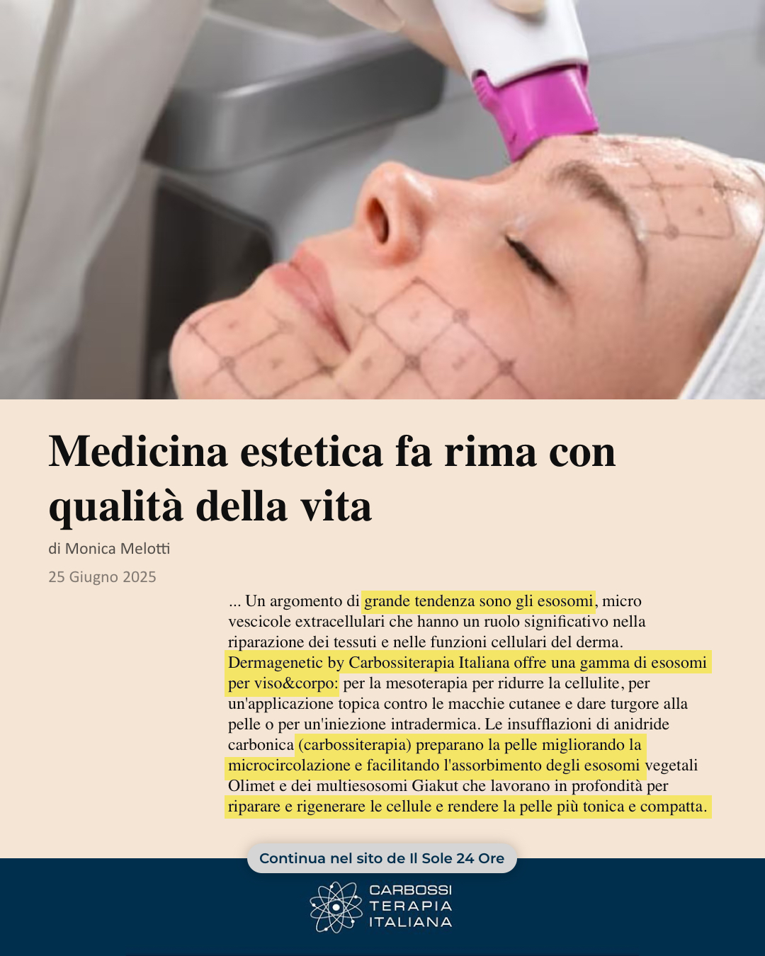 ✨ La medicina estetica evolve, e con lei anche la nostra visione del benessere: non si tratta più solo di apparire giovani, ma di vivere meglio, più a lungo e con maggiore consapevolezza.
Al 46° Congresso SIME si è parlato proprio di questo: healthspan vs lifespan. E tra le tecnologie più innovative, la Carbossiterapia, i fili di sospensione e gli esosomi si sono confermati alleati straordinari per chi desidera risultati naturali, sicuri e scientificamente validati.
🔹 La carbossiterapia, con il nostro dispositivo CDT LIGHT, è sempre più apprezzata per il trattamento di aree difficili e per la sua efficacia su cellulite, atonia e alopecia.
🔹 Gli esosomi, che rappresentano una frontiera biotech nella rigenerazione cutanea e nella cura dei capelli e dell’invecchiamento.
Un ringraziamento speciale a Monica Melotti per aver raccontato con grande precisione e passione queste innovazioni nel suo ultimo articolo. Siamo orgogliosi di essere tra i protagonisti del cambiamento, dove estetica e salute camminano finalmente insieme. 💡
📖 Leggi l’articolo completo 👉 https://www.ilsole24ore.com/art/esosomi-nuova-frontiera-skincare-e-medicina-estetica-AGpxSXIC?&fbclid=IwY2xjawH2uelleHRuA2FlbQIxMAABHe8quW6TR981xDyItNGf728YE5k55yl8CPgOadkr3OKmbFlf5_ntuAyTLw_aem_0TuGEYkFU6_3WvU2CVf-1Q.
#CarbossiterapiaItaliana #Esosomi #FiliDiSospensione #MedicinaEstetica #SIME2025 #InnovazioneEstetica #VivereMeglio #RigenerazioneCellulare #Healthspan #BeautyAndHealth #CDTLIGHT #VLiftPRO #MonicaMelotti monica melotti
