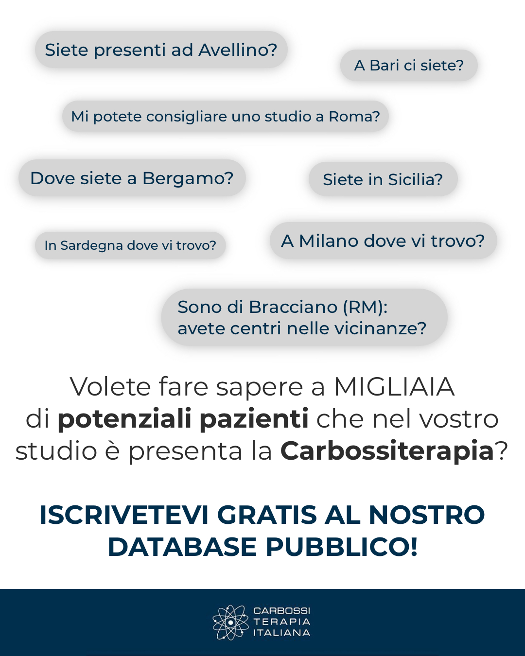 A seguito di numerose richieste ricevute da potenziali pazienti in tutta #Italia abbiamo deciso di inserire sul nostro sito Carbossiterapia Italiana una pagina dedicata a tutti i medici/strutture sanitarie che utilizzano i nostri device. Qualora foste interessati a comparire in tale lista, Vi chiediamo di compilare il seguente form👉 https://forms.gle/Ux57Fz5tCX1uqr9KA ℹ️ Il servizio è assolutamente gratuitoVi ringraziamo anticipatamente per la collaborazione.##carbossiterapiaitalia