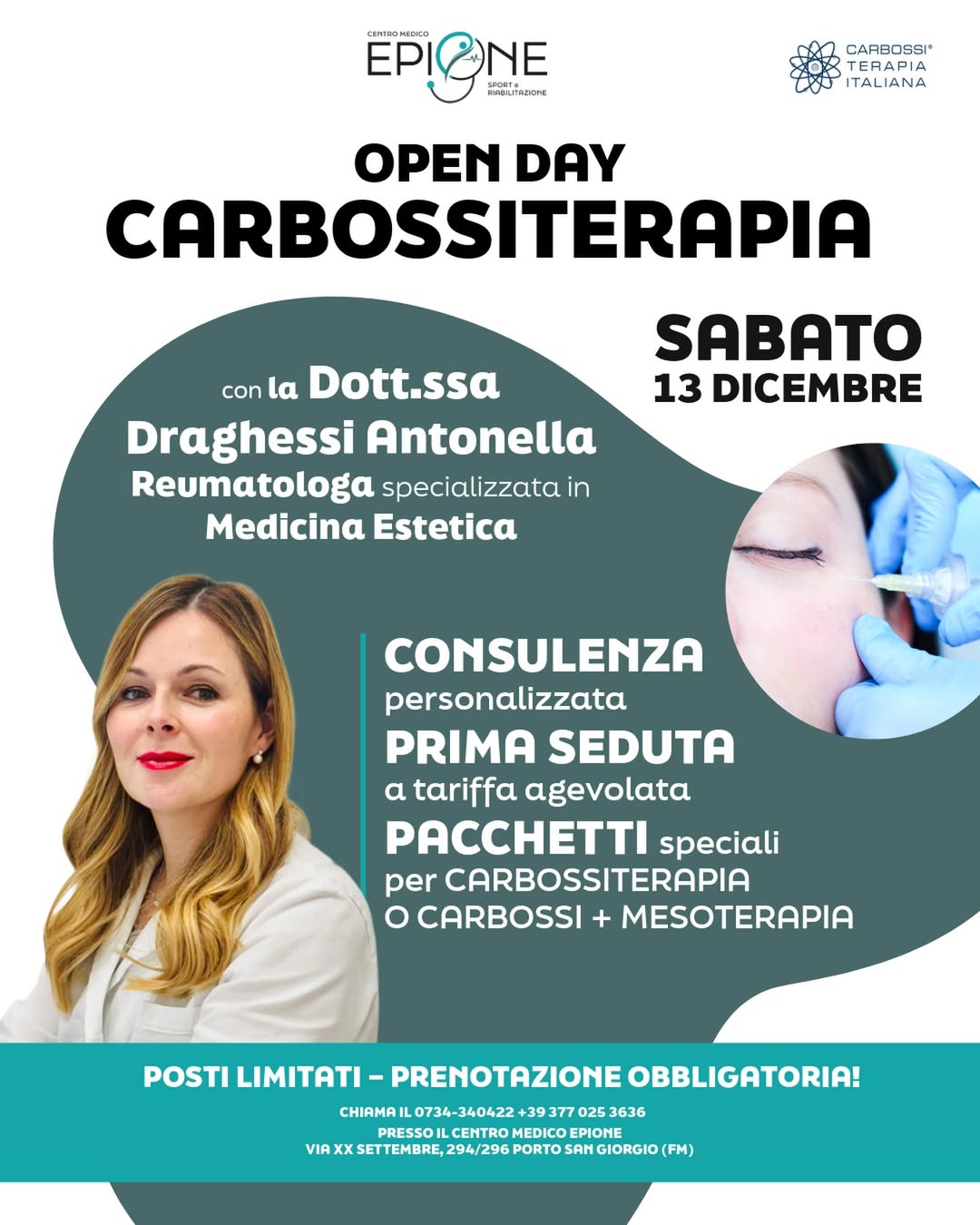 Vieni a conoscere tutti i benefici della carbossiterapia con la Dott.ssa Draghessi Antonella, Reumatologa specializzata in Medicina Estetica.✅ CONSULENZA personalizzata✅ PRIMA SEDUTA a tariffa agevolata✅ PACCHETTI speciali per CARBOSSITERAPIA o CARBOSSI + MESOTERAPIA📞 Posti limitati – prenotazione obbligatoria!Chiama: 0734 340422 – 377 0253636📍 Centro Medico Epione, Porto San Giorgio👉 https://www.facebook.com/events/853819990472023/?acontext=%7B%22source%22%3A%2229%22%2C%22ref_notif_type%22%3A%22events_add_page_cohost%22%2C%22action_history%22%3A%22null%22%7D&notif_id=1764237252100801&notif_t=events_add_page_cohost&ref=notif#CarbossiterapiaItaliana