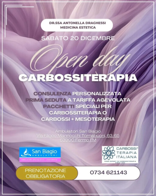 Ci sono momenti in cui la pelle ha bisogno di maggiori attenzioni: grazie alla #carbossiterapia possiamo conferire più tono, più luminosità e compattezza ai tessuti. Inoltre la carbossiterapia è una terapia medica che migliora, la microcircolazione e l'ossigenazione dei tessuti in modo naturale e senza ricorrere a terapie farmacologiche.📆 Sabato 20 dicembre la dr. Antonella Draghessi sarà presente presso gli Ambulatori San Biagio per un Open Day dedicato, in cui valuterà il percorso più adatto alle tue esigenze.Durante la giornata potrai accedere a:⭕️ consulenza medica personalizzata;⭕️ prima seduta a tariffa agevolata;⭕️ pacchetti dedicati: carbossiterapia o carbossi + mesoterapia.🚩 Prenotazione obbligatoria 📞 0734 621143 - 391 377 8192 #CarbossiterapiaItaliana