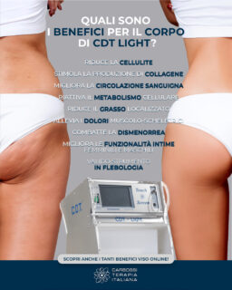 E questi sono solo ALCUNI dei benefici della nostra #Carbossiterapia!

CDT LIGHT infatti è un device MEDICALE approvato dal Ministero della Salute, e con tecnologia BREVETTATA che regola l’erogazione della CO2 per risultati ancora più efficaci e SENZA che il paziente avverta fastidi (molto importante sopratutto nelle zone intime).

Contattaci per scoprire di più.
#CarbossiterapiaItaliana #CDTLight #MedicinaEstetica