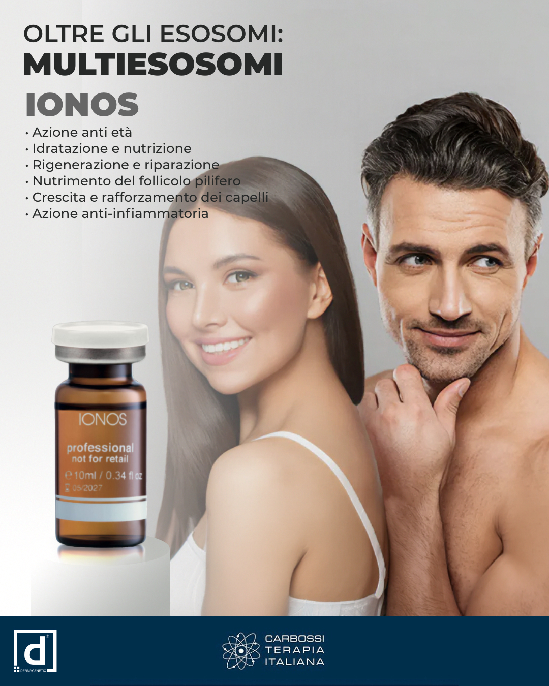 La rigenerazione non è più un lusso: è una scienza.✨ IONOS Exosome è la tecnologia di rigenerazione cellulare più avanzata che ripristina l'energia naturale di pelle e capelli.💠 Per la pelle: stimola il collagene, migliora l'elasticità e leviga le rughe.💧 Per i capelli: nutre i follicoli, rinforza le radici e riduce la caduta dei capelli.🔬 IONOS Exosome viene applicato localmente e attivato tramite microneedling, Hydor H2 o dispositivi energetici, per una penetrazione profonda e il massimo effetto rigenerativo.Scopri di più nel nostro sito 👉 https://carbossiterapia.it/esosomi-e-multiesosomi/#CarbossiterapiaItaliana#Dermagenetic #Esosomi#IonosExosome #Dermagenetic #EEVGroup #CellRegeneration #skinandhairregeneration