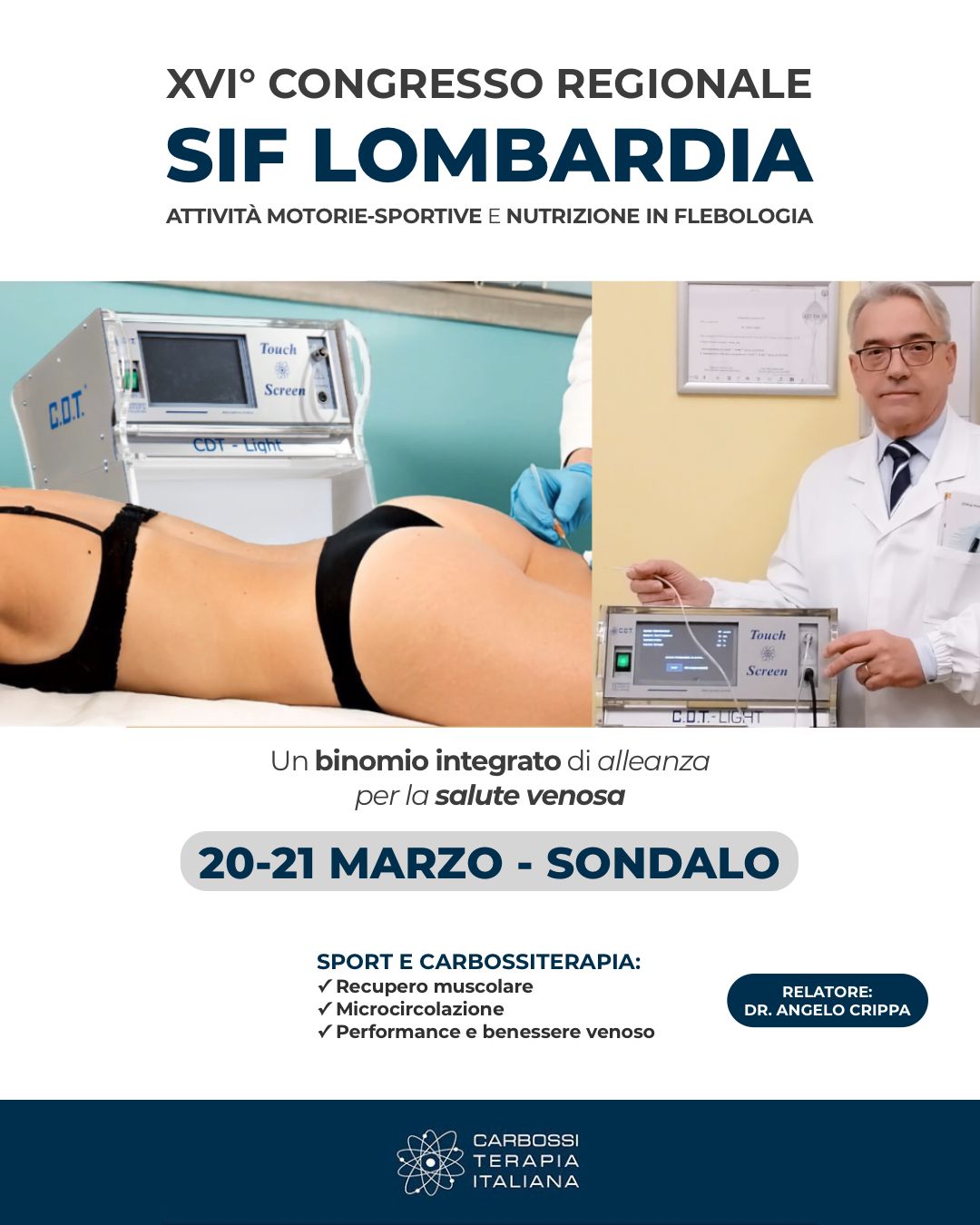 La salute venosa è sempre più al centro del confronto scientifico tra attività fisica, nutrizione e approcci terapeutici innovativi. Il 20 e 21 marzo 2026, a Sondalo, si terrà il XVI Congresso Regionale SIF Lombardia, dedicato proprio a questi temi. 

Carbossiterapia Italiana, sponsor dell’evento, è lieta di sostenere questo appuntamento di aggiornamento e confronto tra specialisti della flebologia e della medicina vascolare.

Tra gli appuntamenti da non perdere della giornata di venerdì 20 marzo, segnaliamo la relazione del Dr. Angelo Crippa:

“Sport e carbossiterapia: valutazione dell’efficacia della carbossiterapia nel migliorare il recupero muscolare e la microcircolazione venosa ed arteriosa degli arti inferiori nello sport agonistico.”

Un intervento dedicato al ruolo della carbossiterapia nel supporto alla microcircolazione e nel recupero funzionale nello sportivo, con importanti spunti per la pratica clinica. 

📍 Casa Pineta di Sortenna – Sondalo (SO)
📅 20–21 marzo 2026

Invitiamo medici e professionisti sanitari interessati alla flebologia e alle terapie innovative a partecipare a questo momento di formazione e condivisione scientifica.
#CarbossiterapiaItaliana #SIF2026 #Carbossiterapia #flebologia