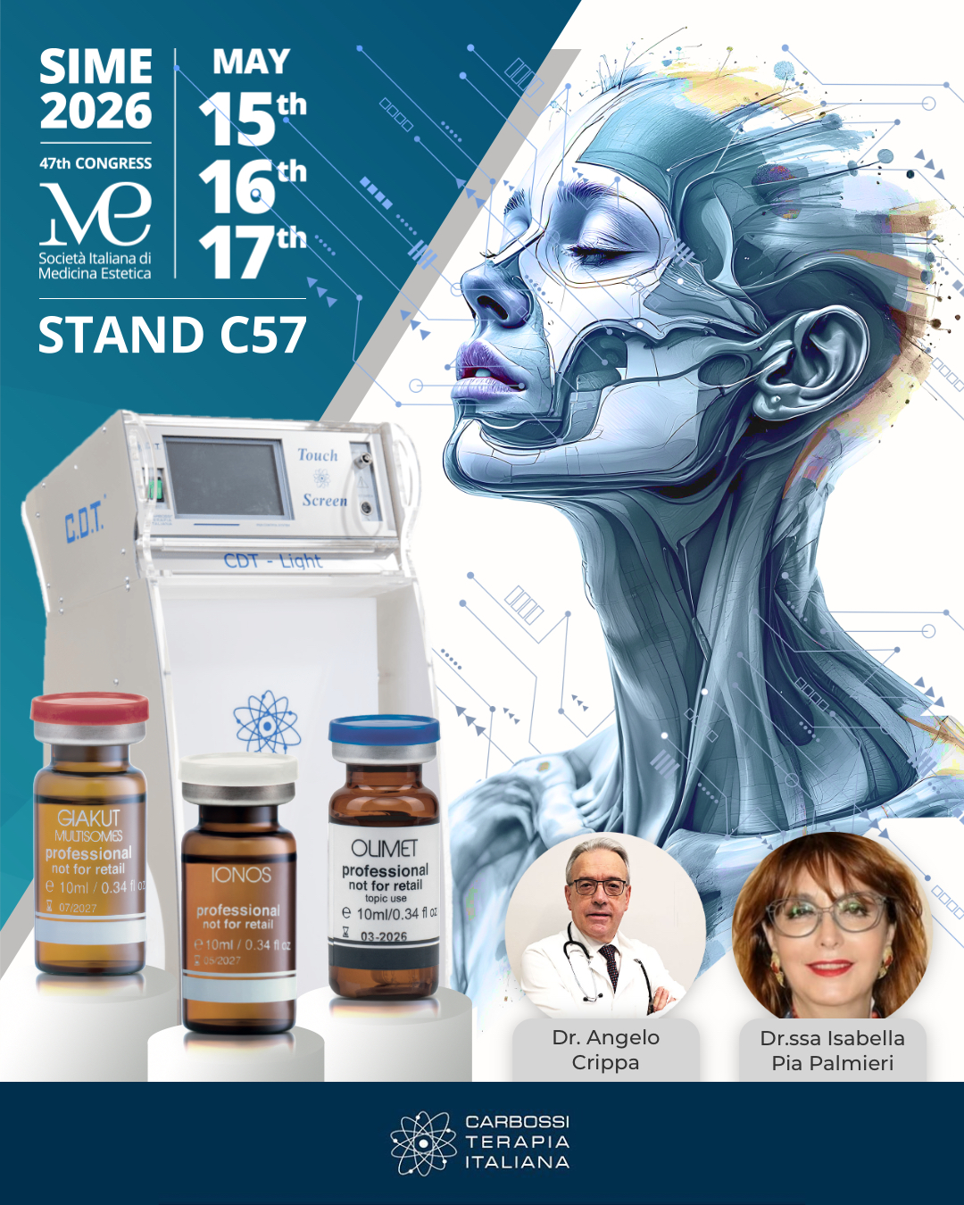 Carbossiterapia Italiana sarà protagonista al SIME 2026, uno degli appuntamenti più importanti nel panorama della medicina estetica.

📍 Dove: Roma Convention Center La Nuvola 
📅 Quando: 15 • 16 • 17 Maggio
📌 Stand: C57

Durante le tre giornate, presenteremo il nostro portfolio completo dedicato all’innovazione e alla rigenerazione:

✨ CDT Light – tecnologia avanzata per la carbossiterapia
✨ Esosomi Dermagenetic – prodotti di ultima generazione per la medicina rigenerativa
✨ Raffine – precisione e performance nel microneedling professionale

Un momento chiave saranno le 3 presentazioni scientifiche esclusive, tenute dai nostri KOL:
👨‍⚕️ Dr. Angelo Crippa
👩‍⚕️ Dr.ssa Isabella Pia Palmieri

Un’occasione unica per approfondire protocolli innovativi, confrontarsi con esperti e scoprire il futuro della medicina estetica.

👉 Ti aspettiamo allo stand C57 per vivere da vicino l’evoluzione della carbossiterapia.

#CarbossiterapiaItaliana #SIME2026 #MedicinaEstetica #Carbossiterapia #Esosomi #Microneedling #InnovazioneEstetica @simecongress