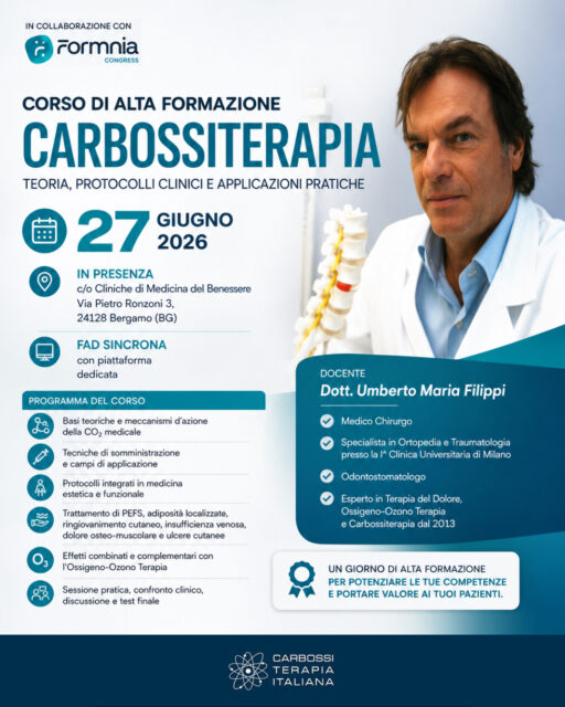 📚 CARBOSSITERAPIA: FORMAZIONE, SCIENZA E PRATICA CLINICAIl prossimo 27 giugno 2026 torna il Corso di Alta Formazione in Carbossiterapia, una giornata teorico-pratica dedicata ai professionisti che desiderano approfondire questa metodica sempre più utilizzata in medicina estetica e funzionale.In collaborazione con Carbossiterapia Italiana, il corso sarà guidato dal Dott. Umberto Maria Filippi, medico chirurgo con oltre 40 anni di esperienza clinica, esperto in terapia del dolore, ossigeno-ozono terapia e carbossiterapia, che dal 2013 applica questa metodica in diversi ambiti clinici con protocolli integrati. 🔹 Approfondimento dei meccanismi d’azione della CO₂ medicale🔹 Indicazioni cliniche e protocolli di trattamento🔹 Tecniche di somministrazione e campi di applicazione🔹 Trattamento di PEFS, adiposità localizzate, ringiovanimento cutaneo, insufficienza venosa e dolore osteo-muscolare🔹 Integrazione con Ossigeno-Ozono Terapia🔹 Sessione pratica, confronto clinico e test finale📅 Data: 27 giugno 2026📍 In presenza: Cliniche di Medicina del Benessere – Bergamo💻 Disponibile anche in FAD sincrona su piattaforma dedicataUn’occasione concreta per acquisire competenze aggiornate, confrontarsi con esperti del settore e integrare la carbossiterapia nella propria pratica professionale.📩 Posti limitati. Contattaci per informazioni e iscrizioni.#CarbossiterapiaItaliana #Carbossiterapia #FormazioneMedica #MedicinaEstetica #MedicinaFunzionale #AggiornamentoProfessionale #CO2Medicale #Medici #ProfessionistiSanitari #AltaFormazione #Bergamo #OssigenoOzonoTerapia #DottUmbertoMariaFilippi