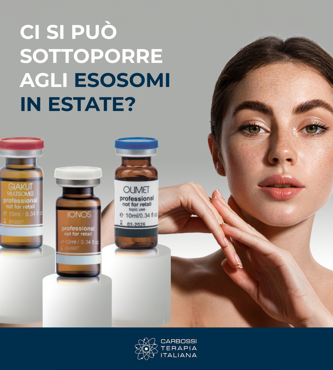 Ecco una proposta di post Instagram/Facebook con un taglio scientifico e coerente con il posizionamento di Carbossiterapia Italiana e della linea Dermagenetic.

☀️ ESOSOMI IN ESTATE? LA RISPOSTA È SÌ.

L’estate non è un limite ai trattamenti con esosomi. Al contrario, se eseguiti con le corrette indicazioni cliniche e accompagnati da un’adeguata fotoprotezione, possono rappresentare un prezioso alleato per mantenere la pelle in equilibrio durante i mesi più caldi.

Calore, esposizione ai raggi UV, salsedine e cloro possono mettere a dura prova la cute, favorendo disidratazione, stress ossidativo e perdita di luminosità. È proprio in questo contesto che le soluzioni a base di esosomi possono supportare la qualità della pelle e contribuire a migliorarne l’aspetto.

In Carbossiterapia Italiana proponiamo la linea Dermagenetic, sviluppata per offrire protocolli innovativi e versatili:

🧬 OLIMET – esosomi di origine animale, indicati per il supporto del benessere cutaneo e dei trattamenti di medicina estetica.

🌿 GIAKUT Multiesomes – esosomi di origine vegetale, una soluzione innovativa che combina differenti sorgenti bioattive per un approccio completo.

Ogni paziente è unico: la scelta del protocollo, della tecnica di veicolazione e delle indicazioni post-trattamento deve essere sempre affidata al medico.

L’estate è il momento giusto per prendersi cura della pelle… con il protocollo più adatto.

📩 Contattaci per scoprire la linea Dermagenetic e individuare la soluzione più indicata per la tua pratica clinica.

#CarbossiterapiaItaliana #Dermagenetic #Exosomes #Esosomi #Olimet #Giakut #MedicinaEstetica #SkinQuality #SkinCareProfessionale #AestheticMedicine #Innovazione #SummerSkinCare